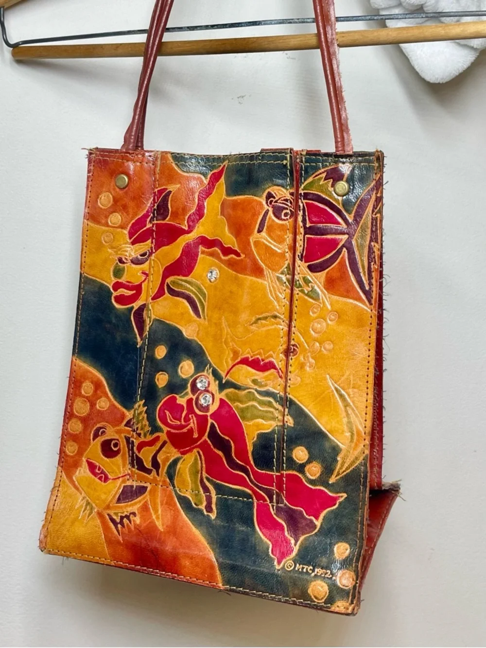 Vintage 1992 Embossed Leather Mini Bag Abstract Art Faces Fish Design Folk Art